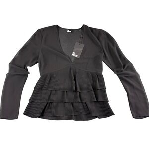 The Kooples Black Chiffon Tiered Ruffle Plunged Neck Long‎ Sleeve Blouse Top S